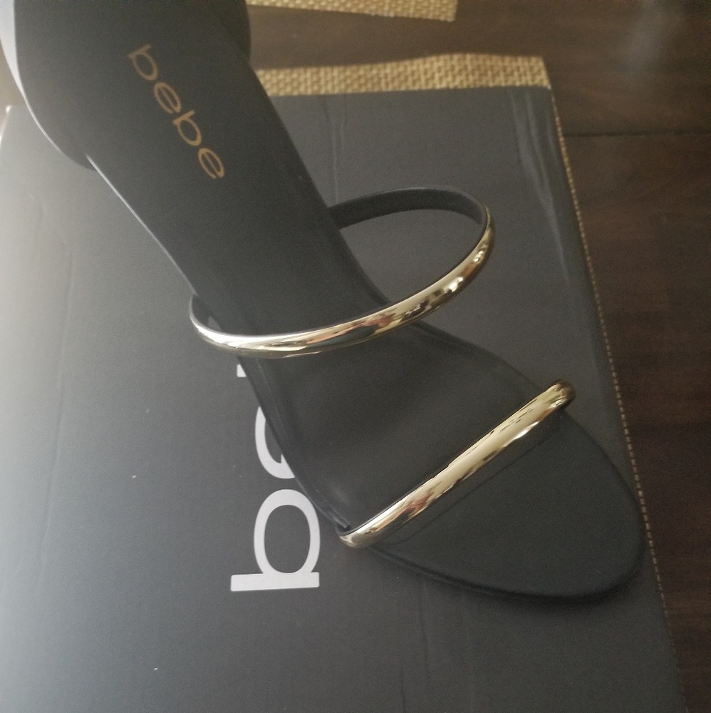 Bebe Sexy Gold and Black Stiletto Sandals